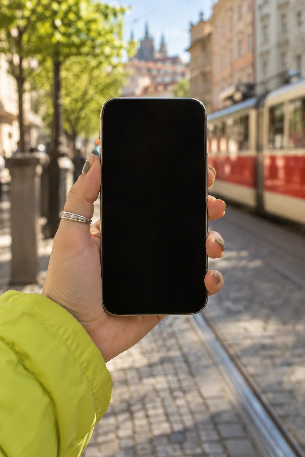 A hand holds a phone with the Tiklify app on a street with a tram.