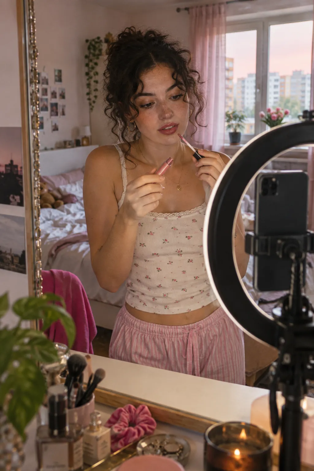 A creator films her make-up routine in front of a mirror.