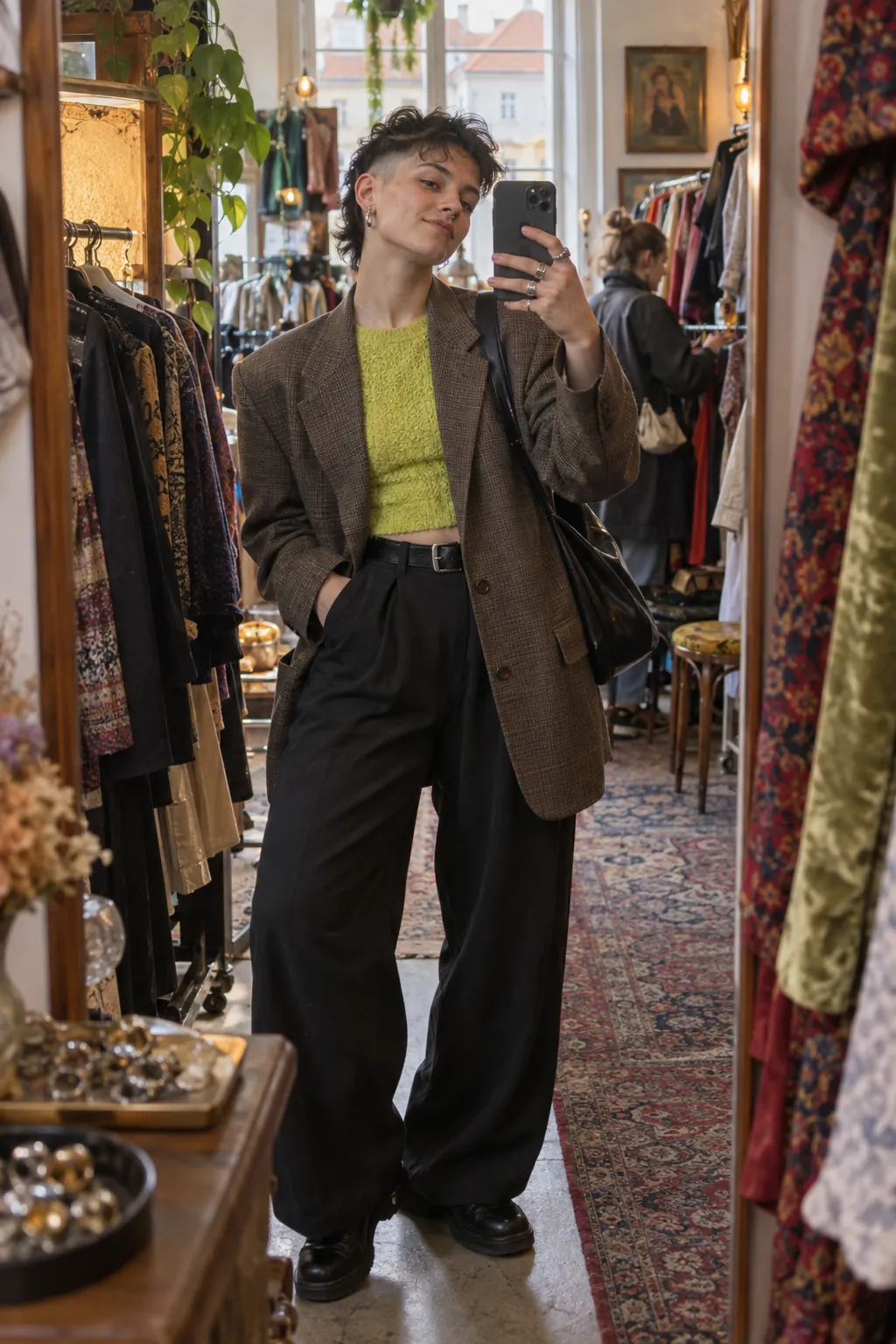 A creator tries on an outfit in a second-hand shop.