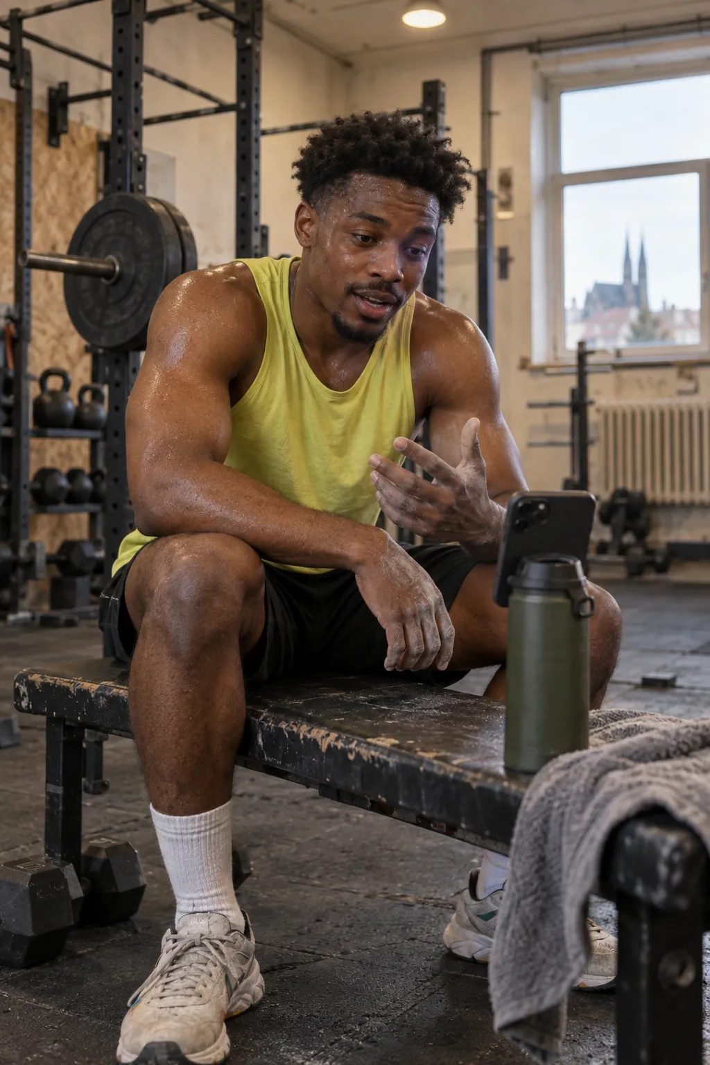 A creator talks into his phone at the gym.