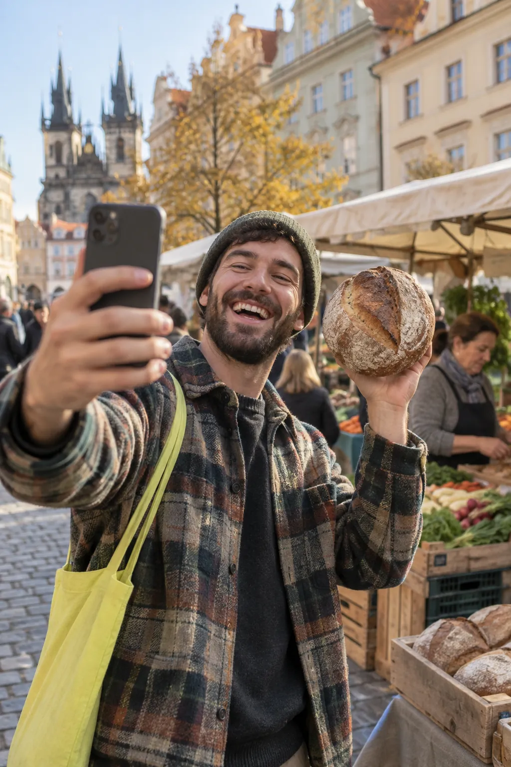 A creator shows a loaf of bread at a farmers' market.