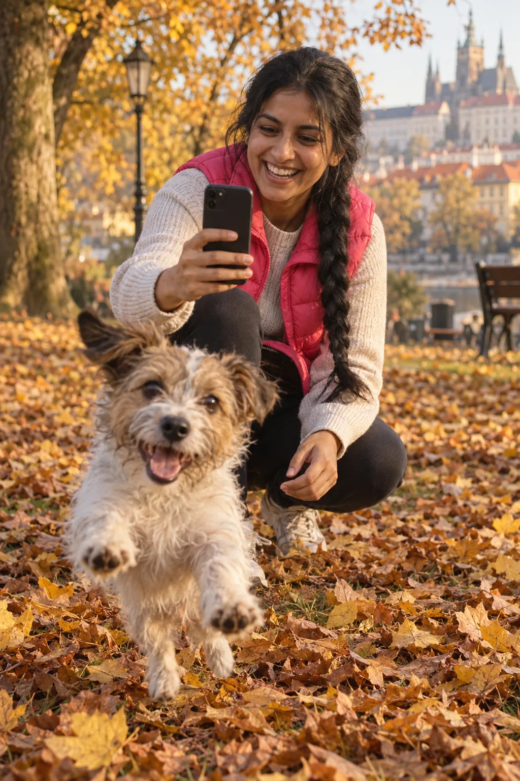 A creator films her dog in the park.