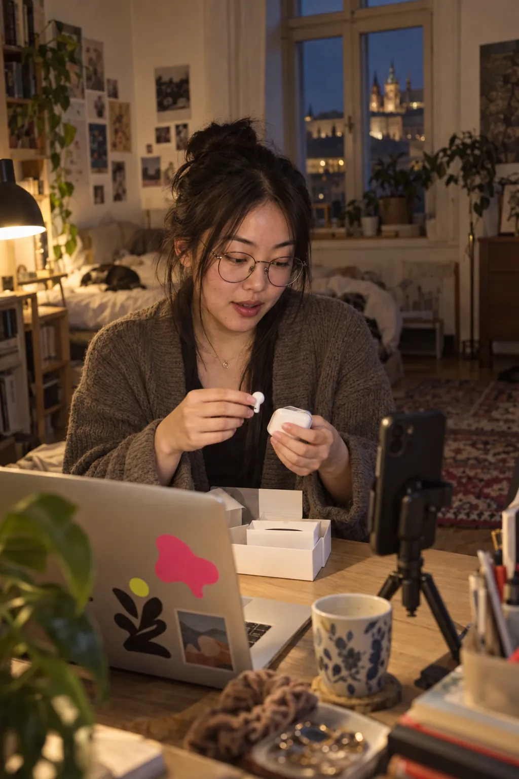 A creator unboxes headphones at her desk.