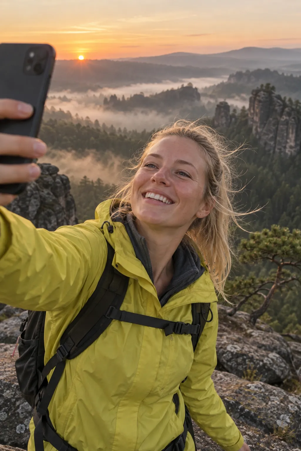 A creator films the sunrise from a rock.