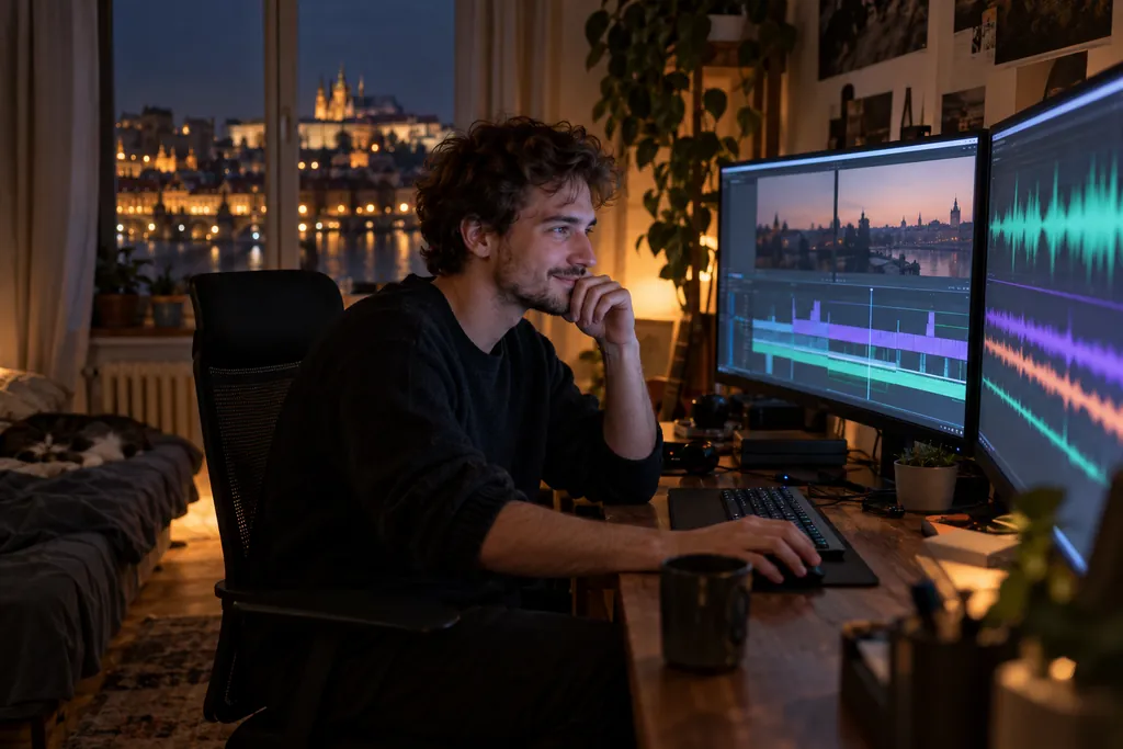 A creator edits a video on her laptop in the kitchen at night.