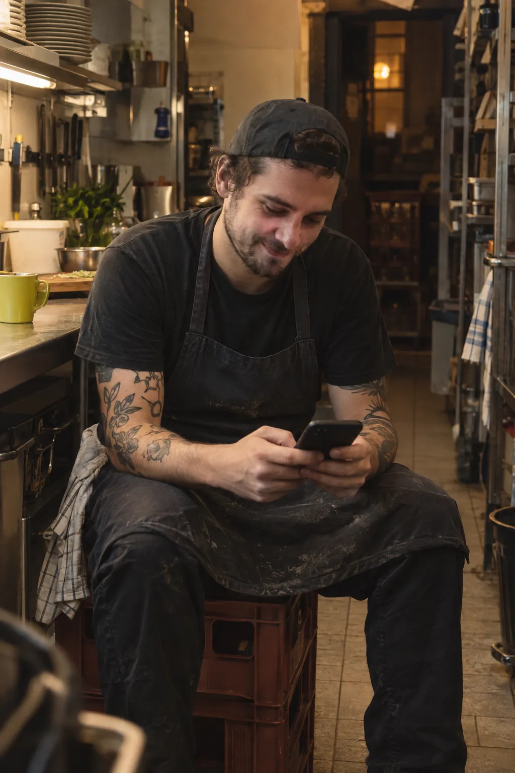 A chef edits a clip on his phone during a break.