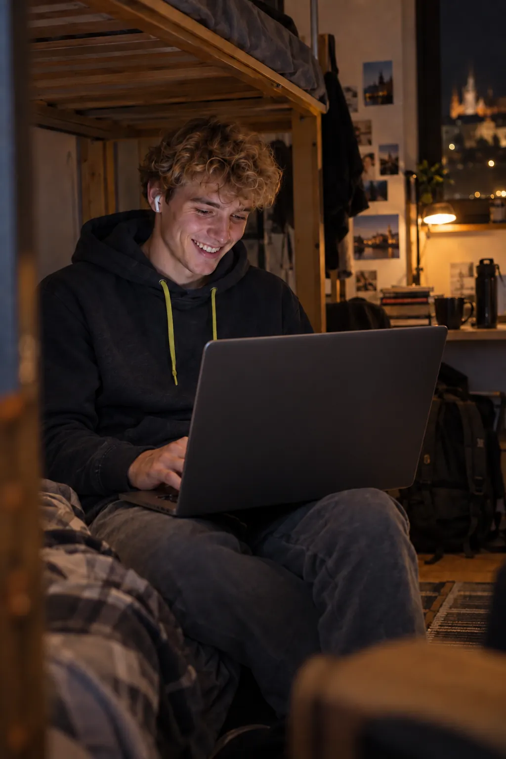 A student cuts a clip on his laptop in a dorm room.
