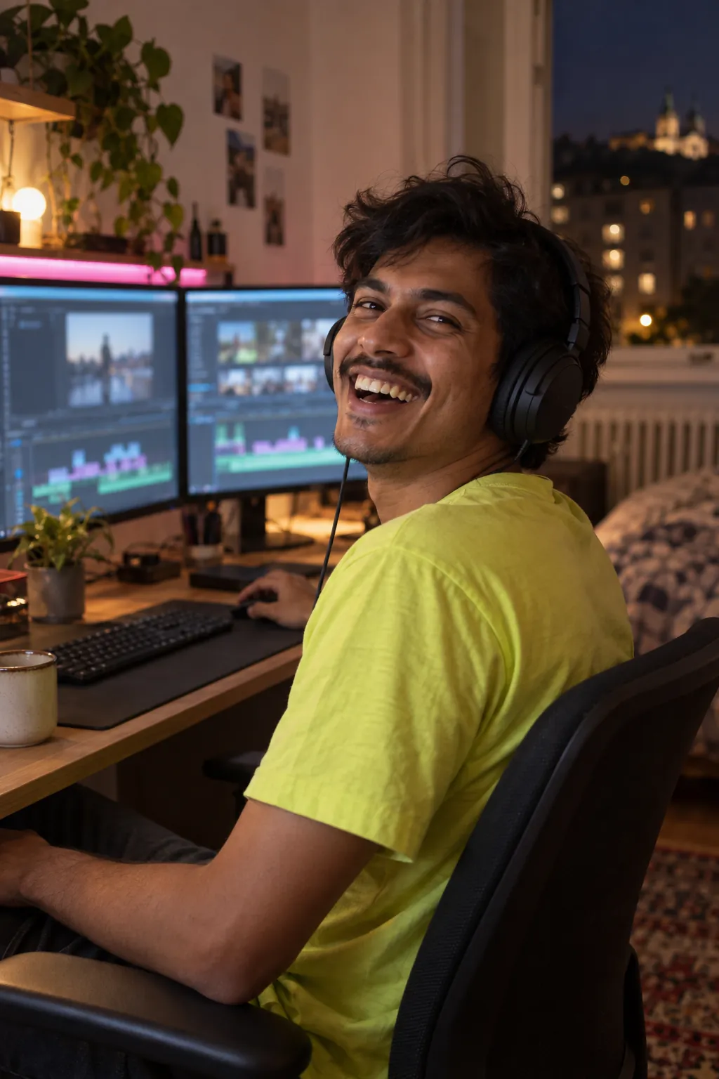 A clipper laughs at his two monitors.