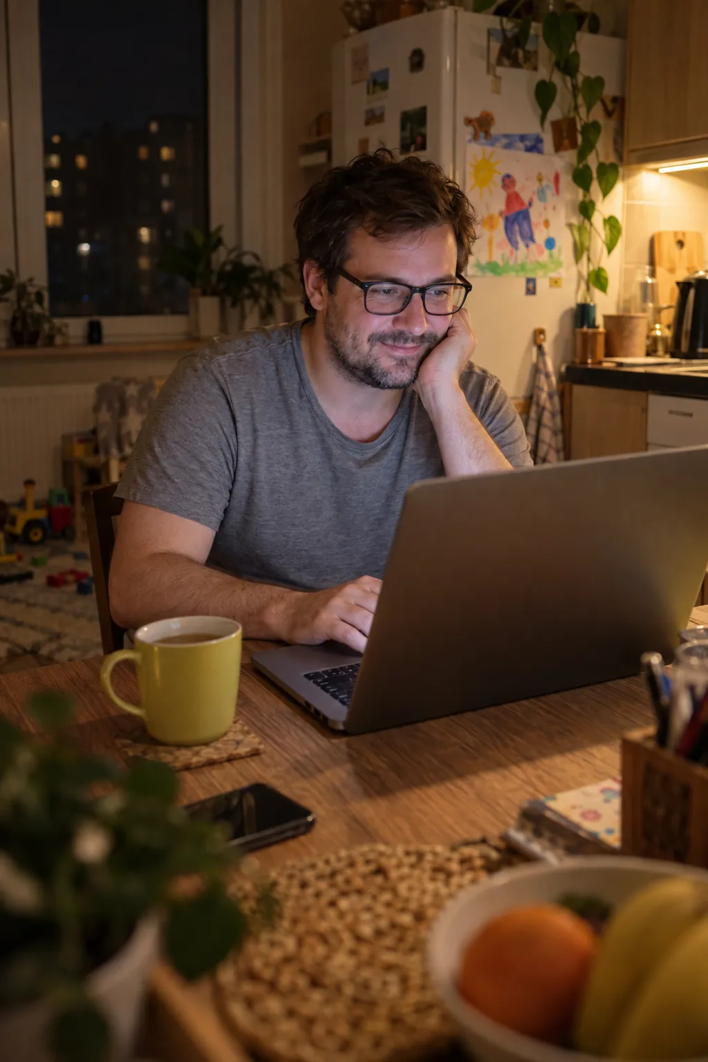 A dad edits on his laptop at the kitchen table at night.