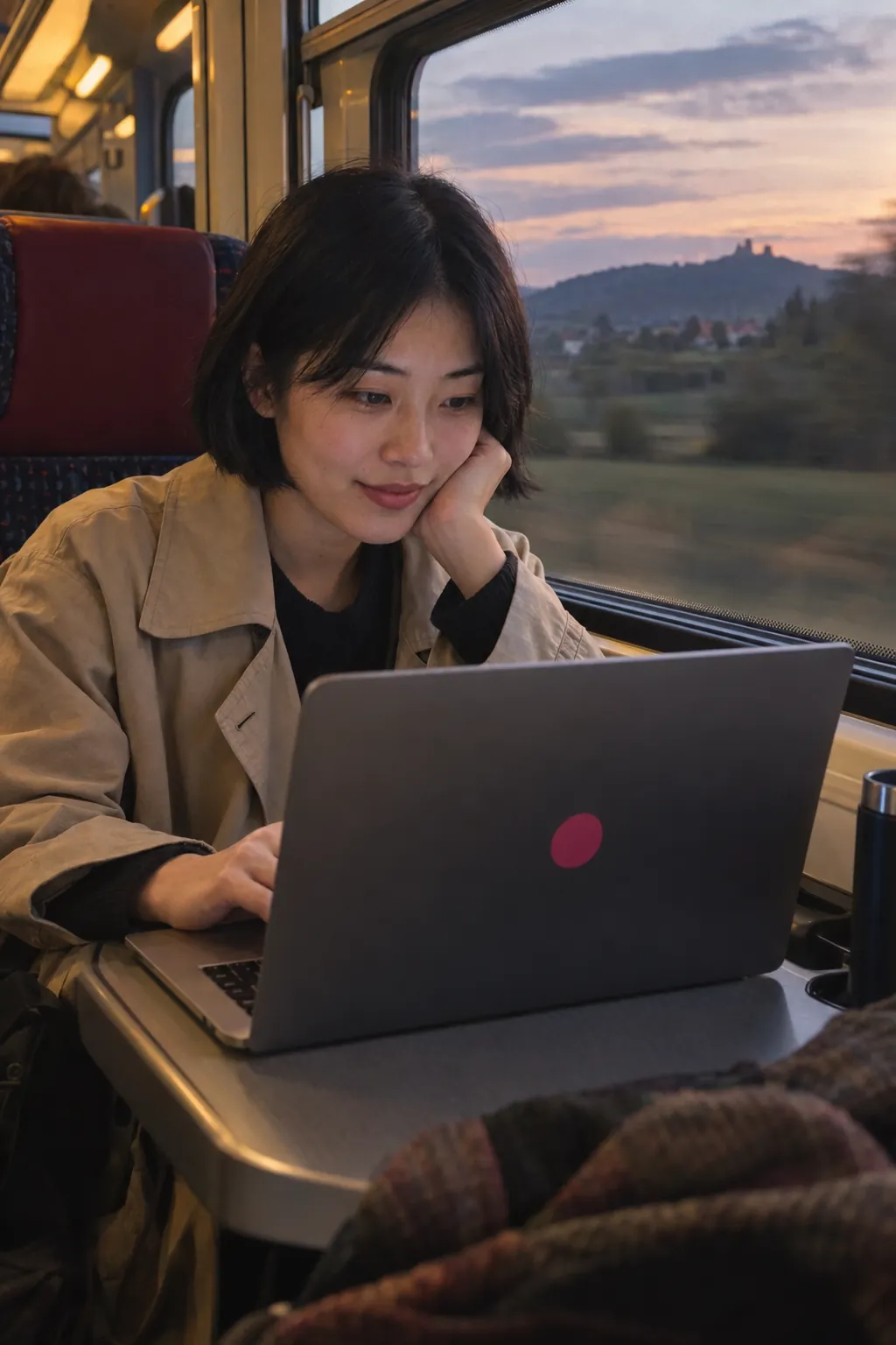 A clipper edits on a train at dusk.