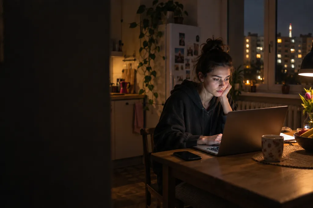 A creator edits a video on her laptop in the kitchen at night.